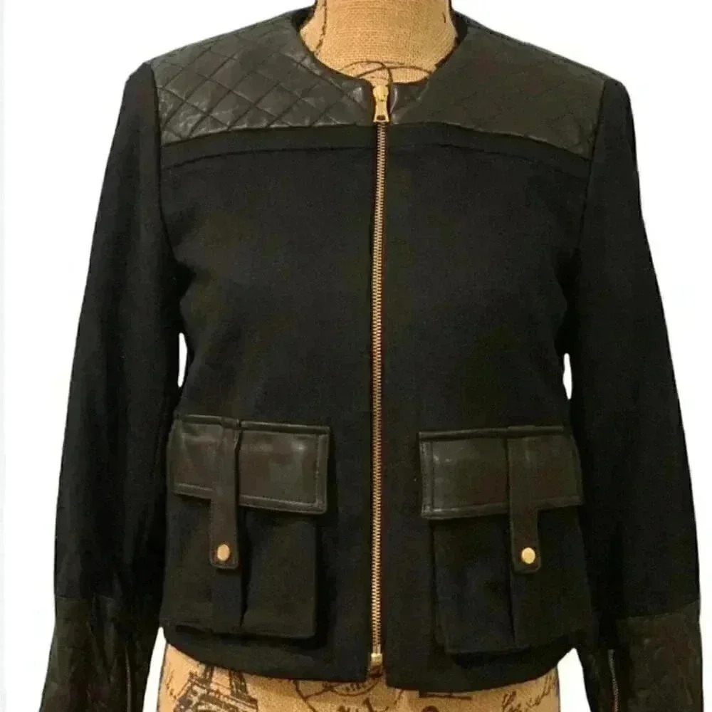 Alice + Olivia Wool Cashmere Leather Trim Jacket | Quilted, Black S